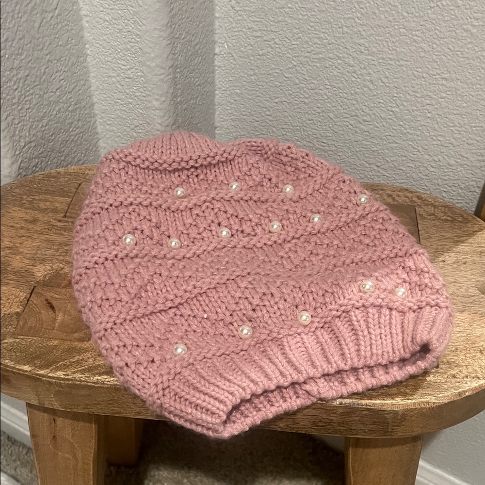 Pink Knit Beanie with Pearls